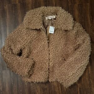 Free People Brown Textured Faux Fur Coat